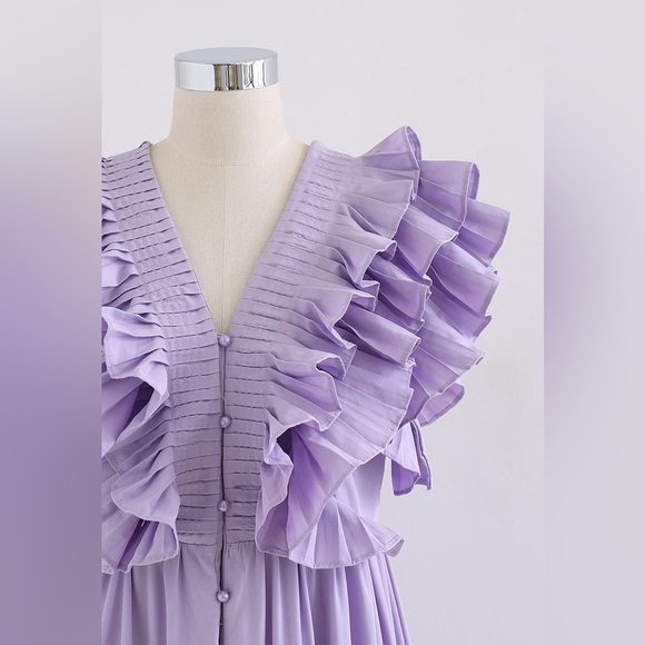 PLEATED RUFFLE BUTTONED DEEP V-NECK DRESS IN LILAC - Picture 8 of 14